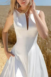 A-Line Midi Satin Little White Dress 948585185707 - COCOMELODY