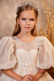 A-Line Illusion Puff Short Sleeve Heart Neck Flower Girl Dresses 750806564252