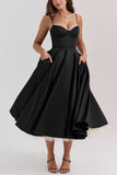 A-line Satin Midi Wedding Guest Dress Spaghetti Straps Sweetheart Back Zipper Elegant Formal Evening Dresses COCOMELODY 803510185058