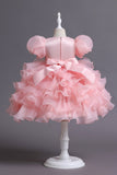Princess Round Neck Puff Sleeve Sequin Ruffled Organza Knee Length Flower Girl Dresses 1029252510739