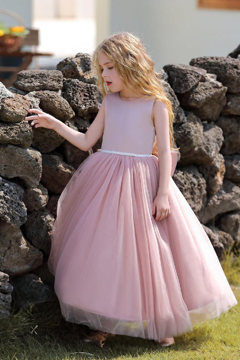 A-Line Scoop Neck Sleeveless Floor-Length Satin/Tulle Flower Girl Dresses With Bow(s) 744500696201 - COCOMELODY