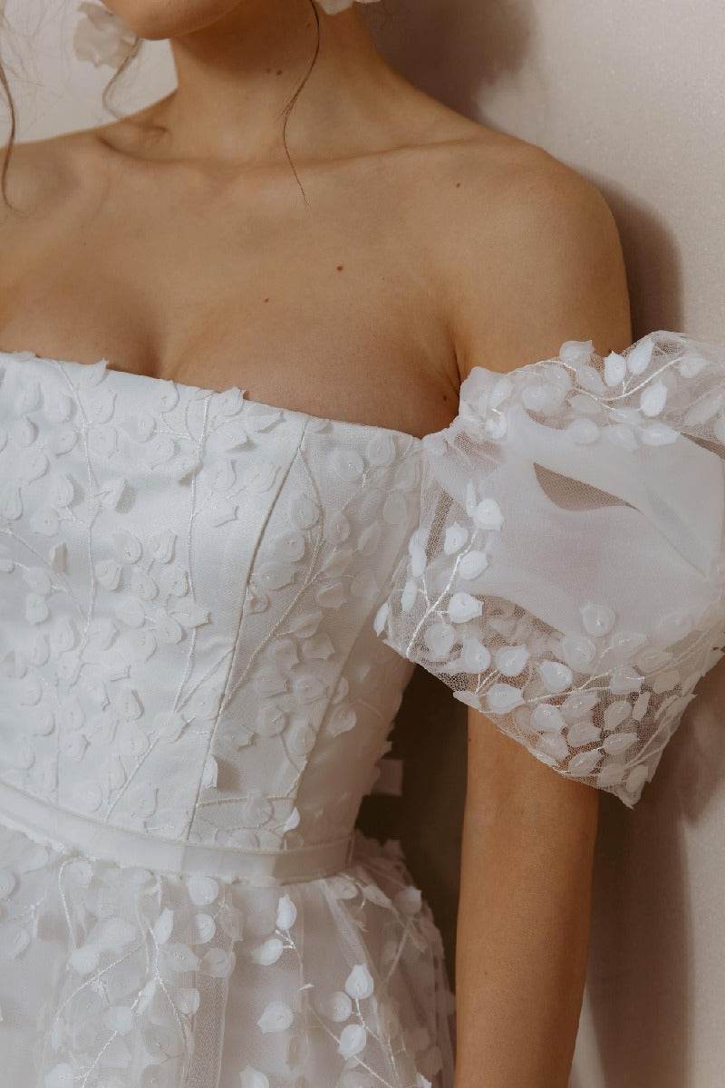 A-Line Short-Mini Lace Organza Little White Dress 100040 - COCOMELODY