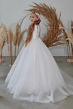 Round Neck Illusion Long Lace Sleeve Tulle Flower Girl Dress 673420614521