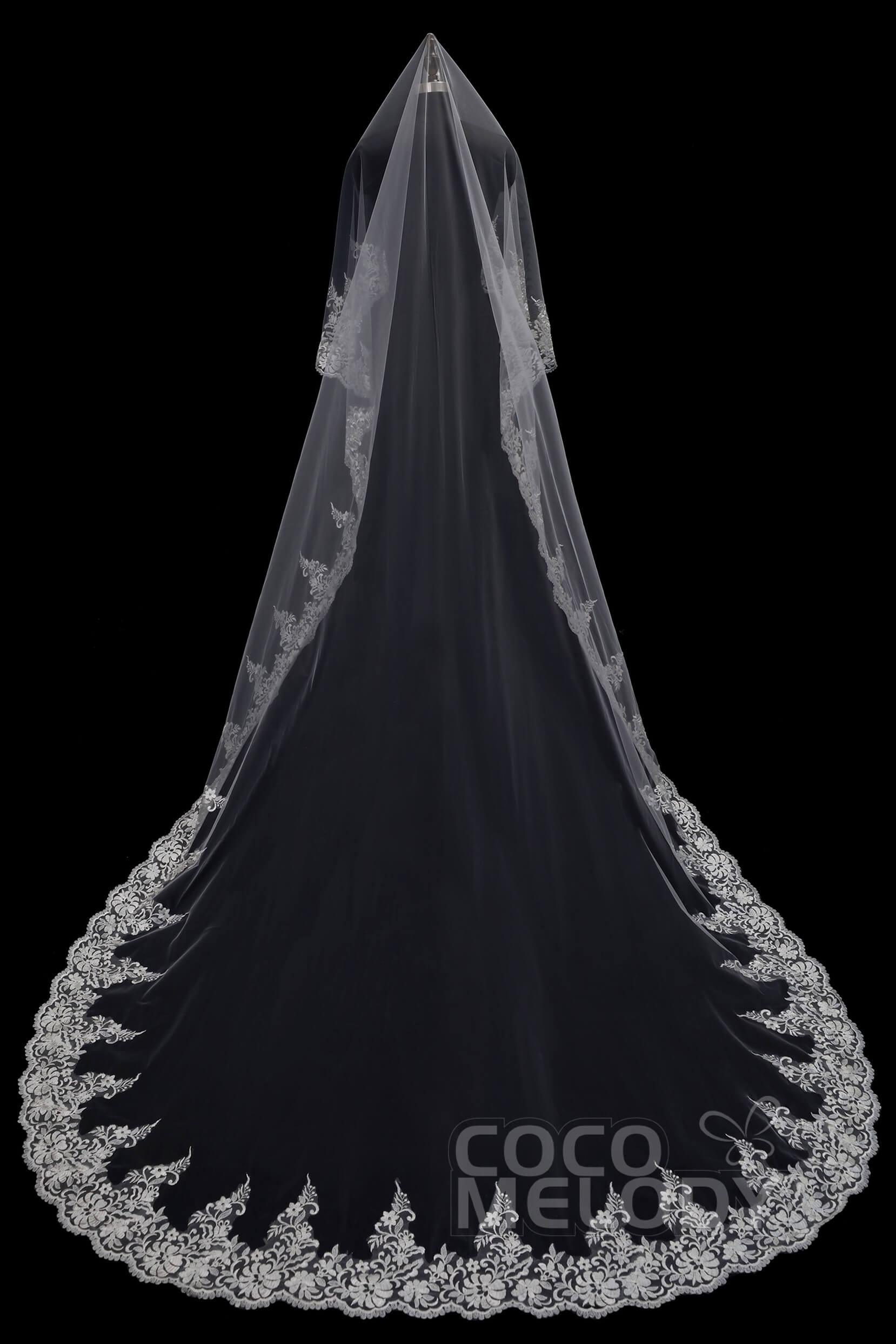One-tier Lace Edge Tulle Chapel Veils Appliques AV160027 - COCOMELODY