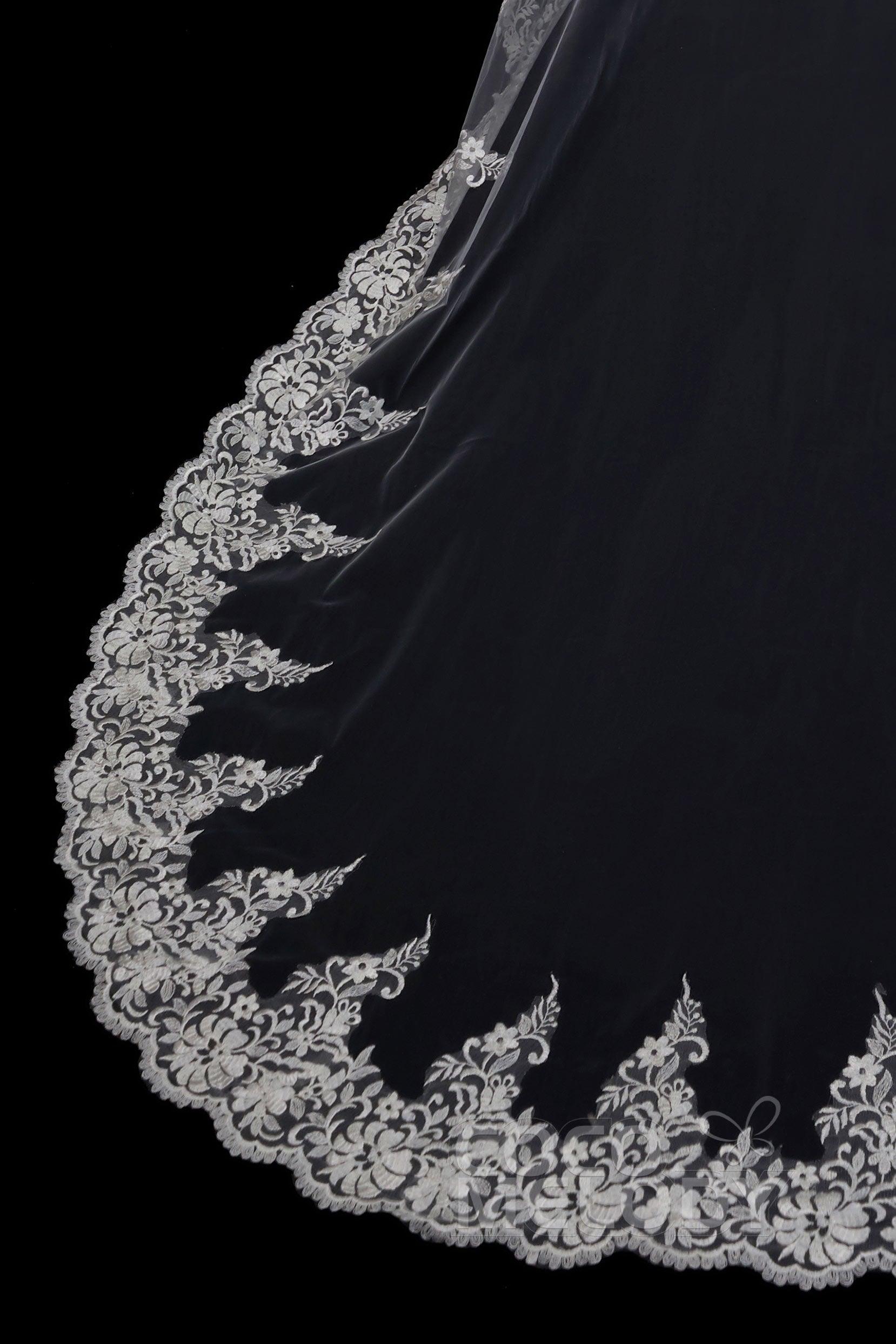 One-tier Lace Edge Tulle Chapel Veils Appliques AV160027 - COCOMELODY