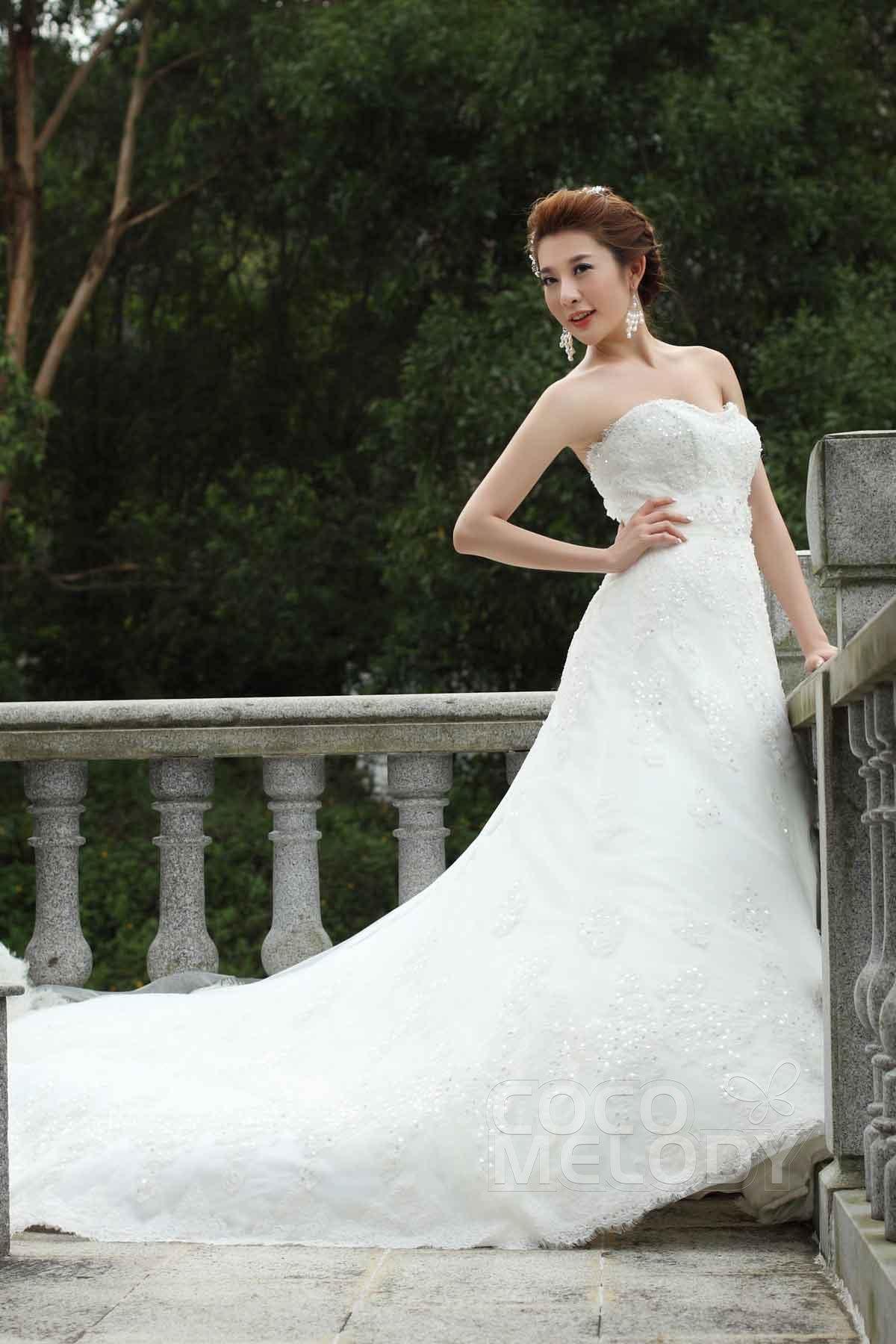 A-Line Chapel Train Tulle Wedding Dress Alb12285 - COCOMELODY
