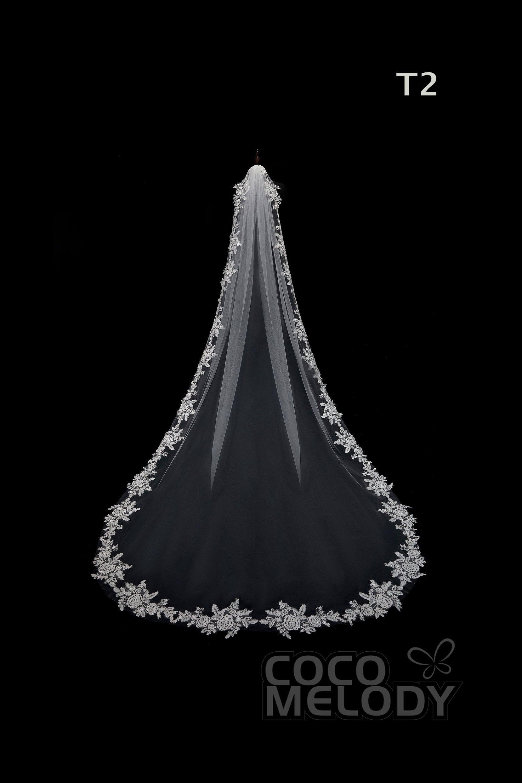 One-tier Lace Edge Tulle Hip Veils with Appliques AV180001 - COCOMELODY