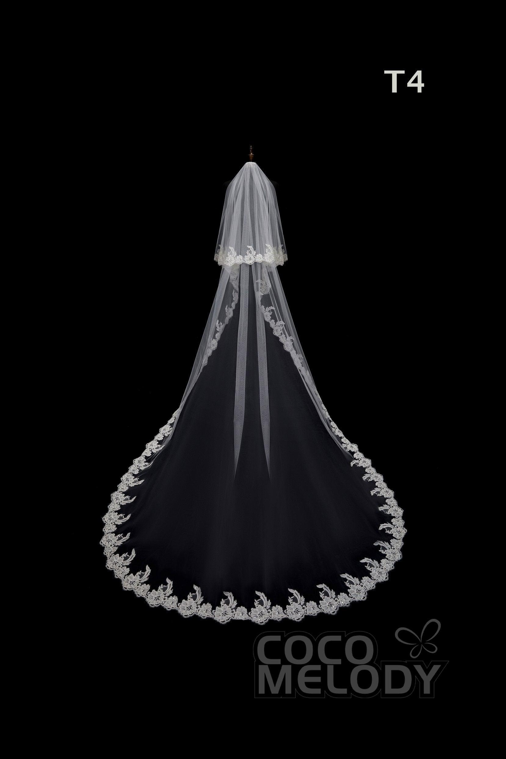 One-tier Lace Edge Tulle Hip Veils with Appliques AV180004 - COCOMELODY