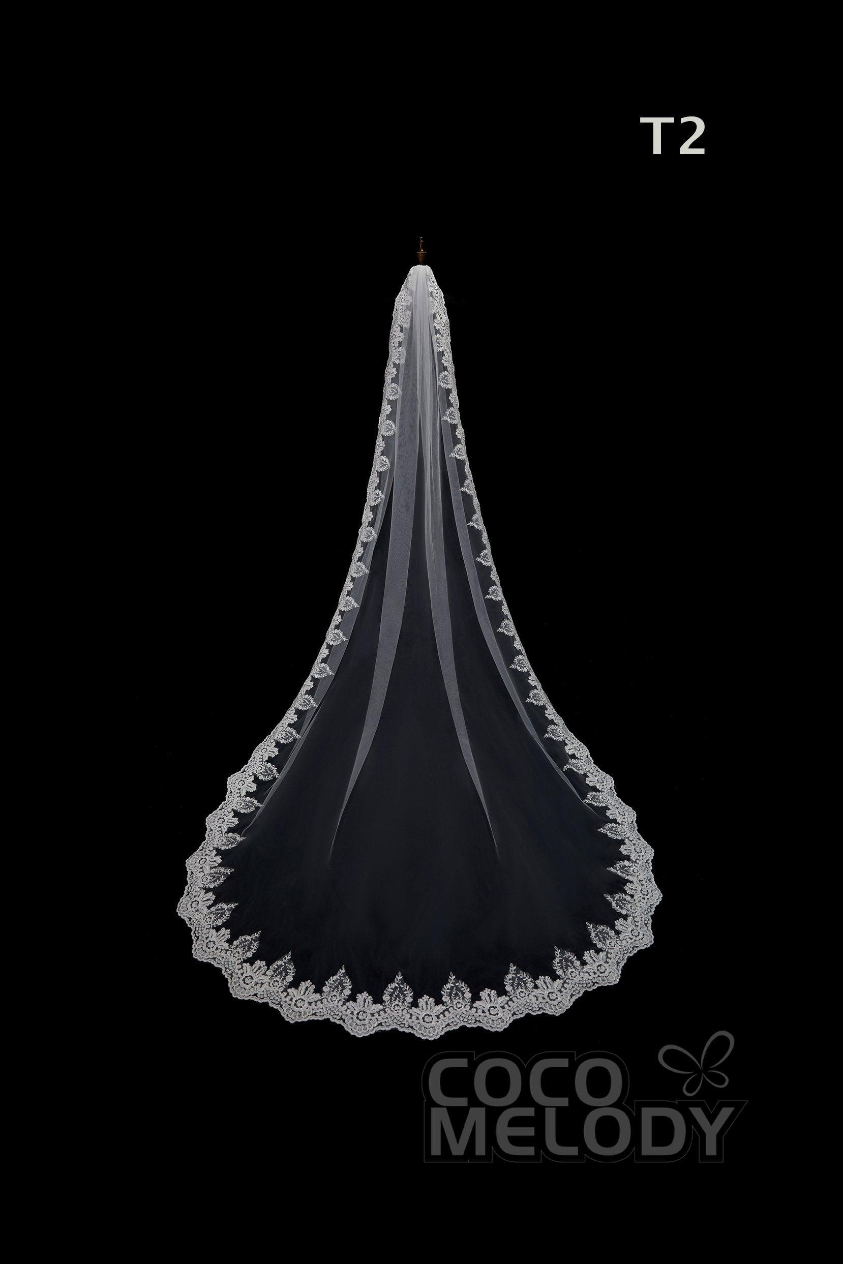 One-tier Lace Edge Tulle Hip Veils with Appliques AV180009 - COCOMELODY
