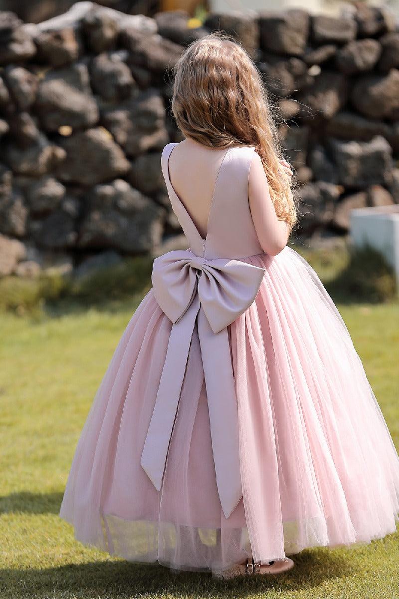 A-Line Scoop Neck Sleeveless Floor-Length Satin/Tulle Flower Girl Dresses With Bow(s) 744500696201 - COCOMELODY
