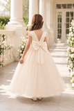 Romantic Tulle with Bow Back Pearl Accents Flower Girl Dresses 1029322248393