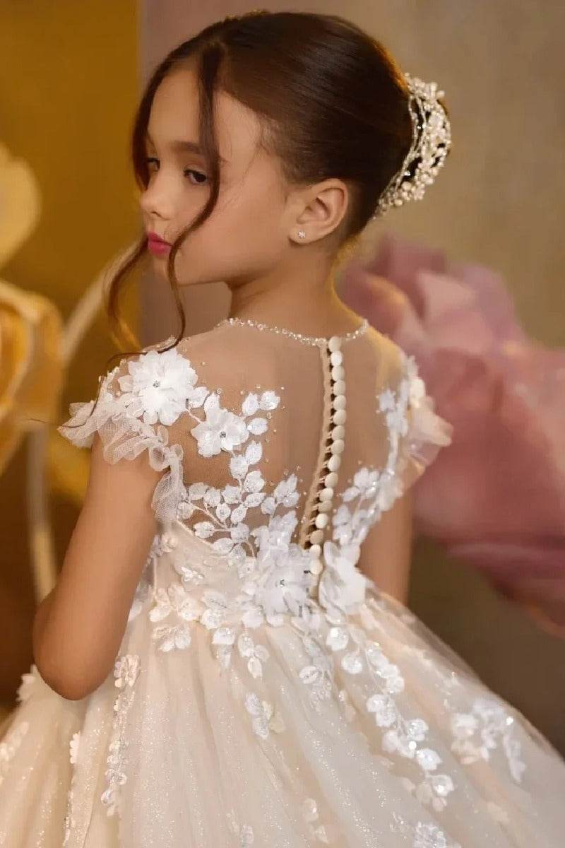 A-Line Illusion Neck Short Sleeve Tulle Court Train Flower Girl Dresses 903004046897 - COCOMELODY