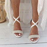 Open Toe Sandals with Pearl Detail Crossover Ankle Strap Elegant Shoes 709414855512
