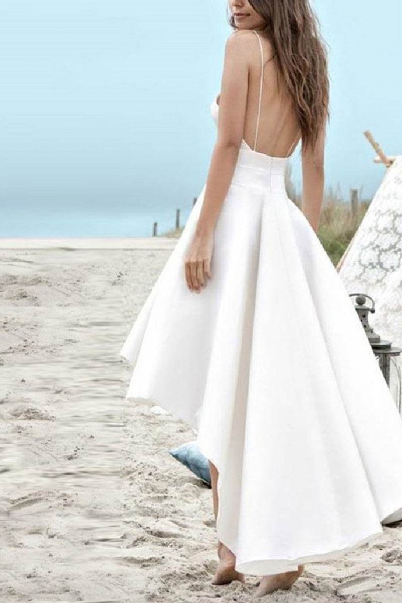 A-Line High-Low Satin Little White Dress 100059 - COCOMELODY