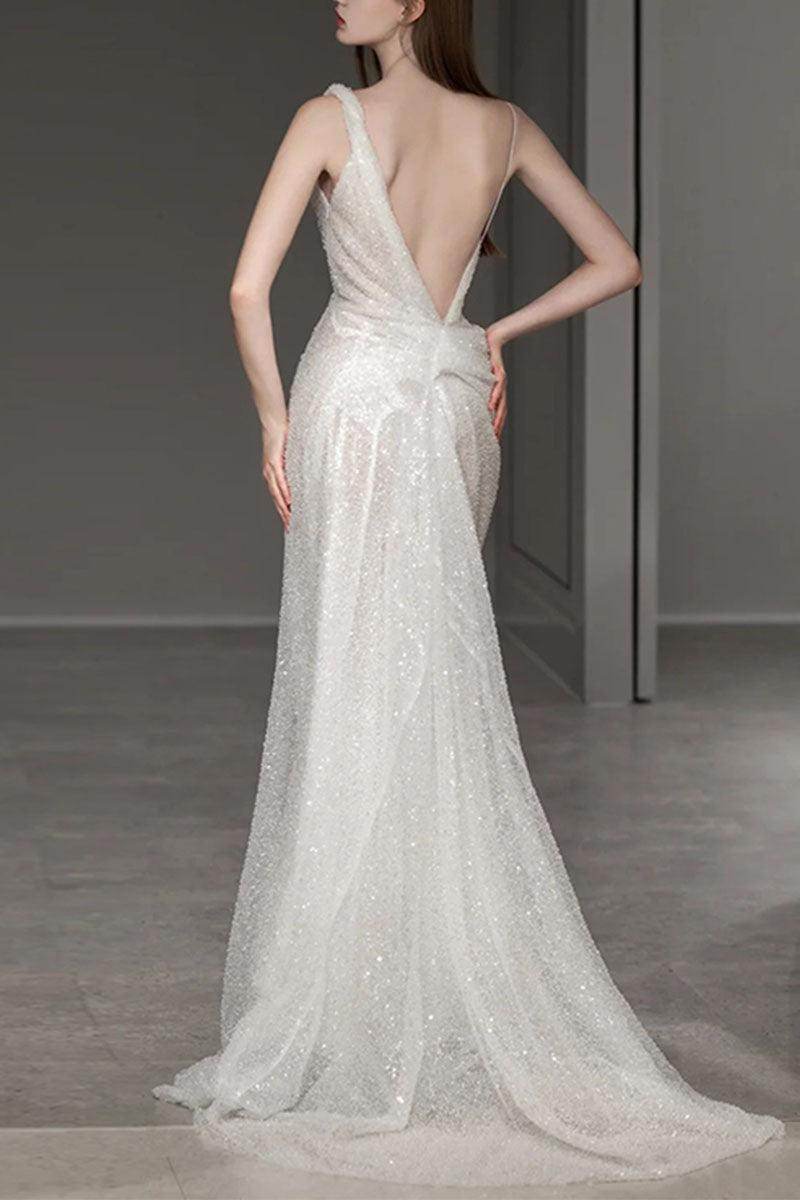 Trumpet-Mermaid Sweep-Brush Train Sequined Wedding Dress 732909013694 - COCOMELODY