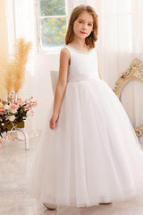 A-Line Scoop Neck Satin/Tulle Flower Girl Dresses With Bow(s)/Beading 752041855392 - COCOMELODY