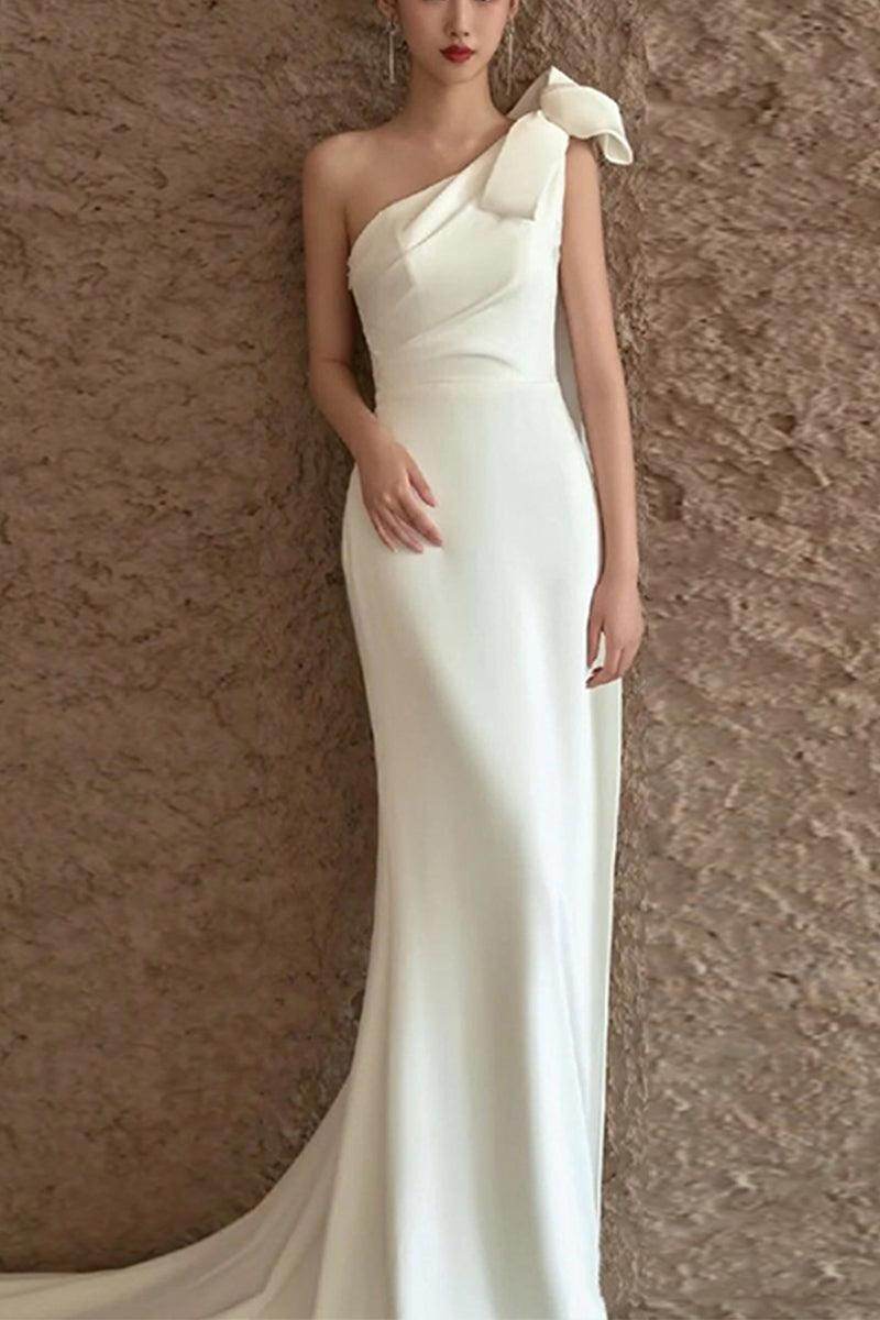 Sheath-Column Sweep-Brush Train Satin Wedding Dress 676826000886 - COCOMELODY