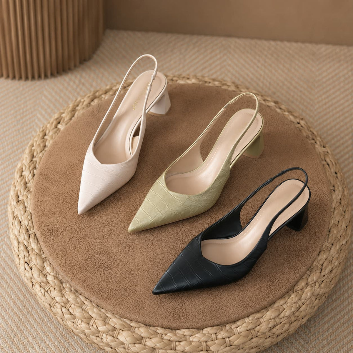 Croc Embossed Pointed Toe Slingback Pumps Block Heel Shoes 1039842418241