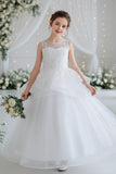 A-Line Illusion Neck Floor Length Tulle Organza Flower Girl Dresses 1062135888325
