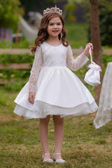 A-Line Scoop Neck Long Sleeve Knee Length Lace/Satin Flower Girl Dresses 709360205661 - COCOMELODY