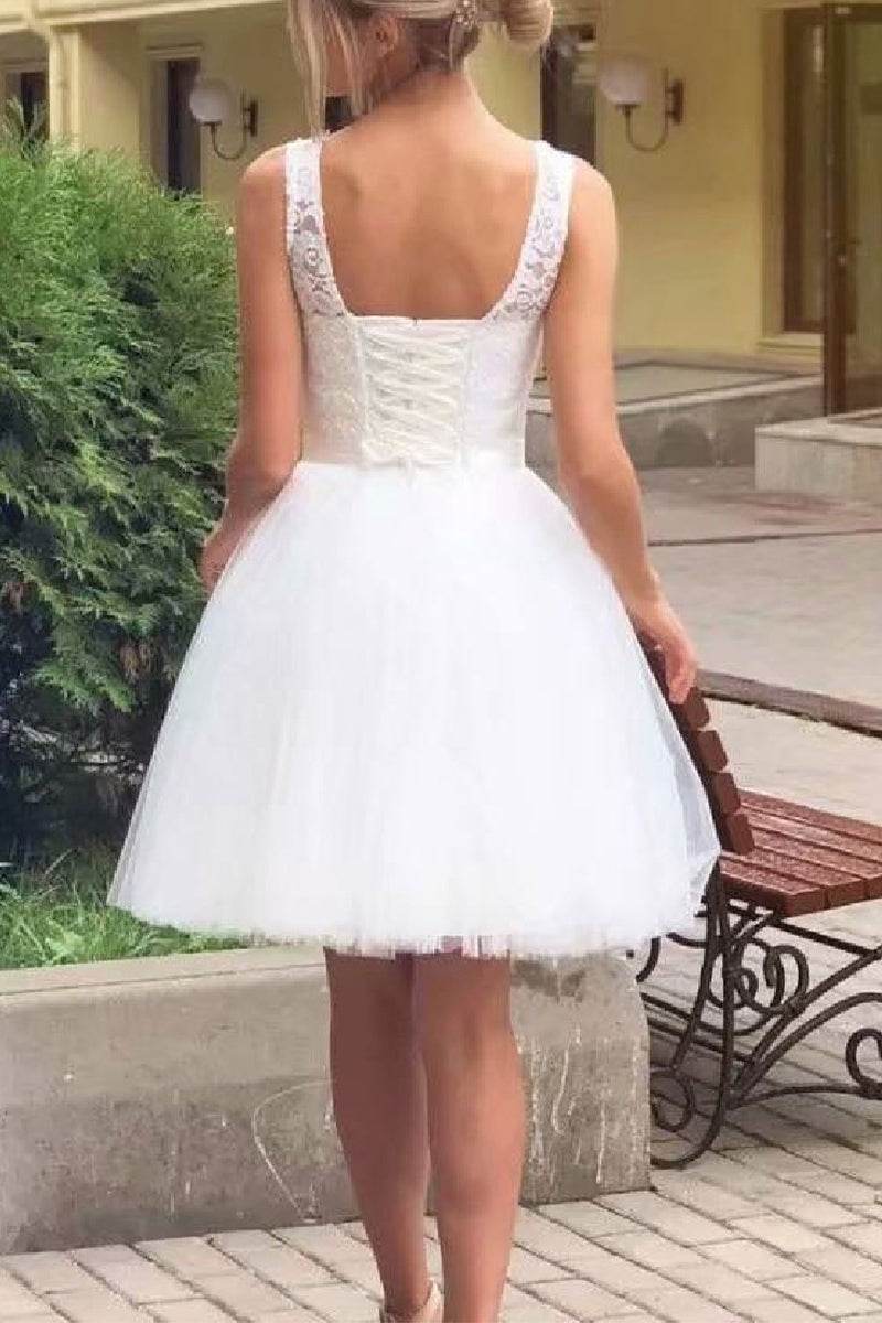 A-Line Knee Length Lace Tulle Little White Dress 100058 - COCOMELODY