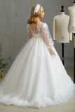 Ball Gown Illusion Sweetheart Neck Sheer Puff Long Lace Sleeves With Fitted Cuffs Tulle Floor Length Flower Girl Dresses 733237512683