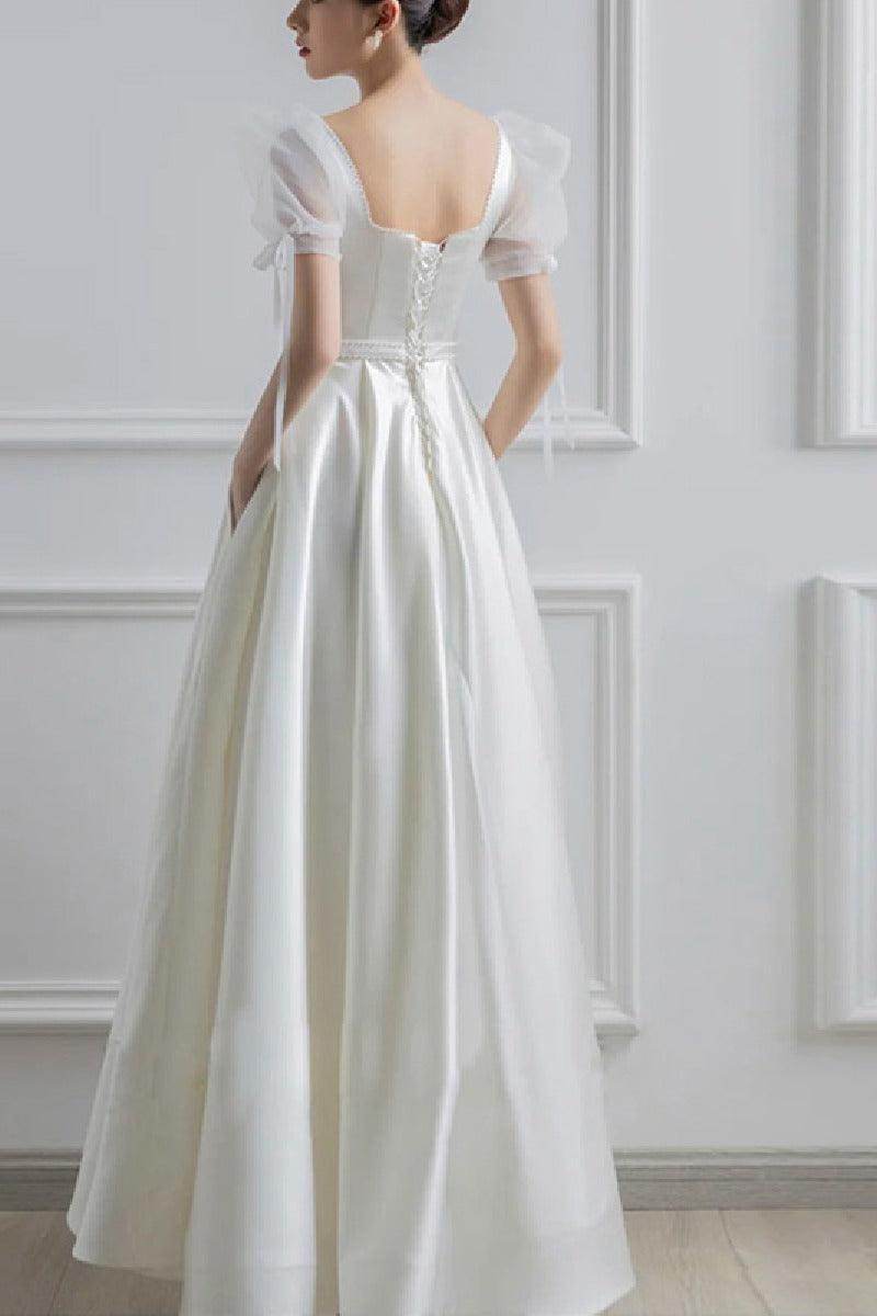 A-Line Floor Length Satin Wedding Dress 650928413690 - COCOMELODY