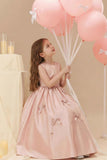 A-Line Satin Sleeveless Scattered Bow Details Flower Girl Dresses 1035117092057