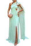 Sheath-Column Maxi Chiffon Wedding Guest Dress with Side Cape One Shoulder Pleated Cut Out Formal Evening Dresses with Slit COCOMELODY 930801984346