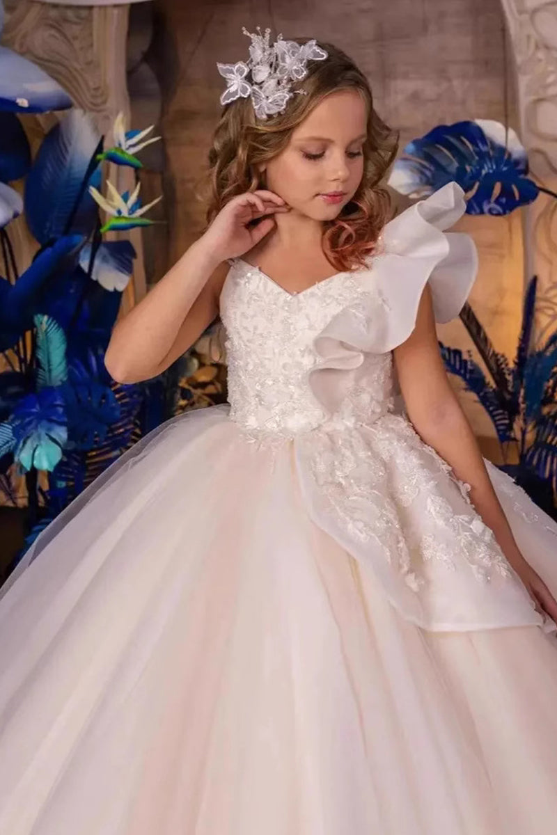 A-Line V-Neck Sleeveless Tulle Sweep-Brush Train Flower Girl Dresses 915121553468