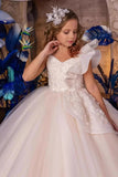 A-Line V-Neck Sleeveless Tulle Sweep-Brush Train Flower Girl Dresses 915121553468