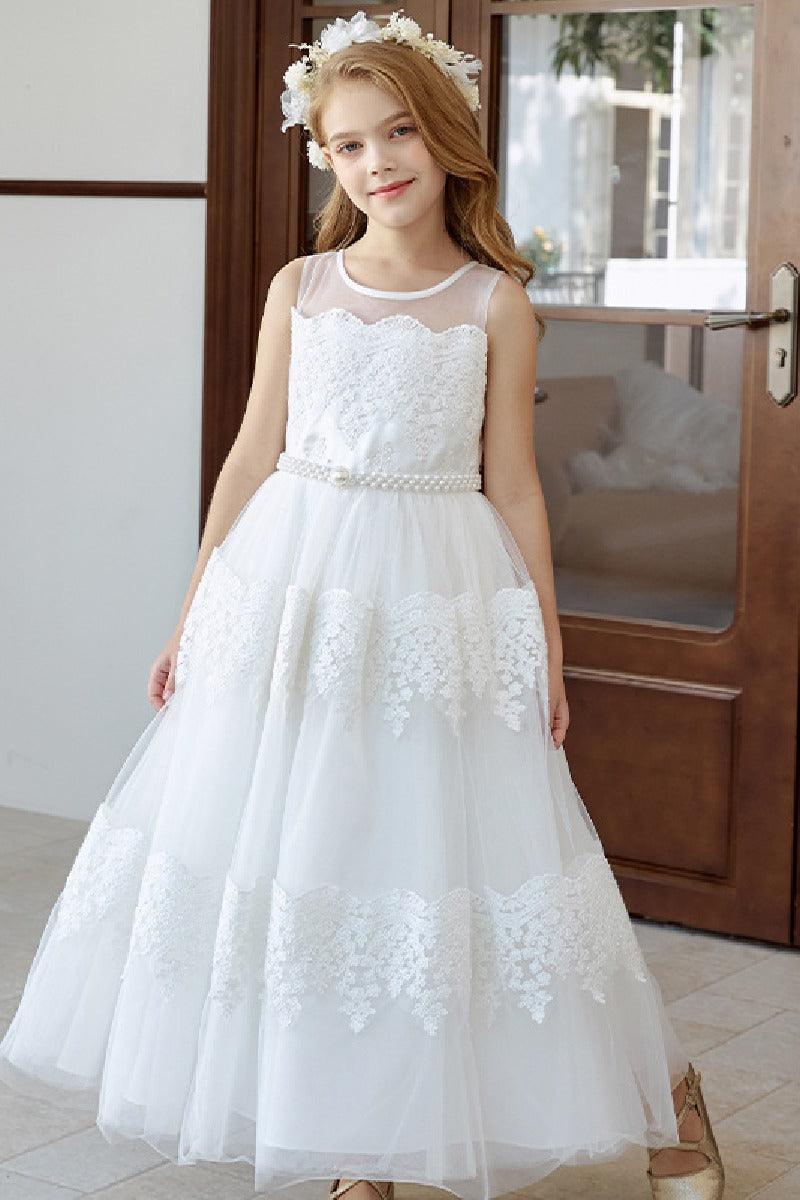 A-Line Illusion Neck Tulle Maxi Flower Girl Dresses 778034985750 - COCOMELODY