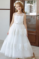 A-Line Illusion Neck Tulle Maxi Flower Girl Dresses 778034985750 - COCOMELODY