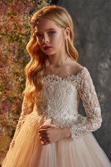 A-Line Illusion Long Sleeve Tulle Sweep-Brush Train Flower Girl Dresses 772649272412 - COCOMELODY