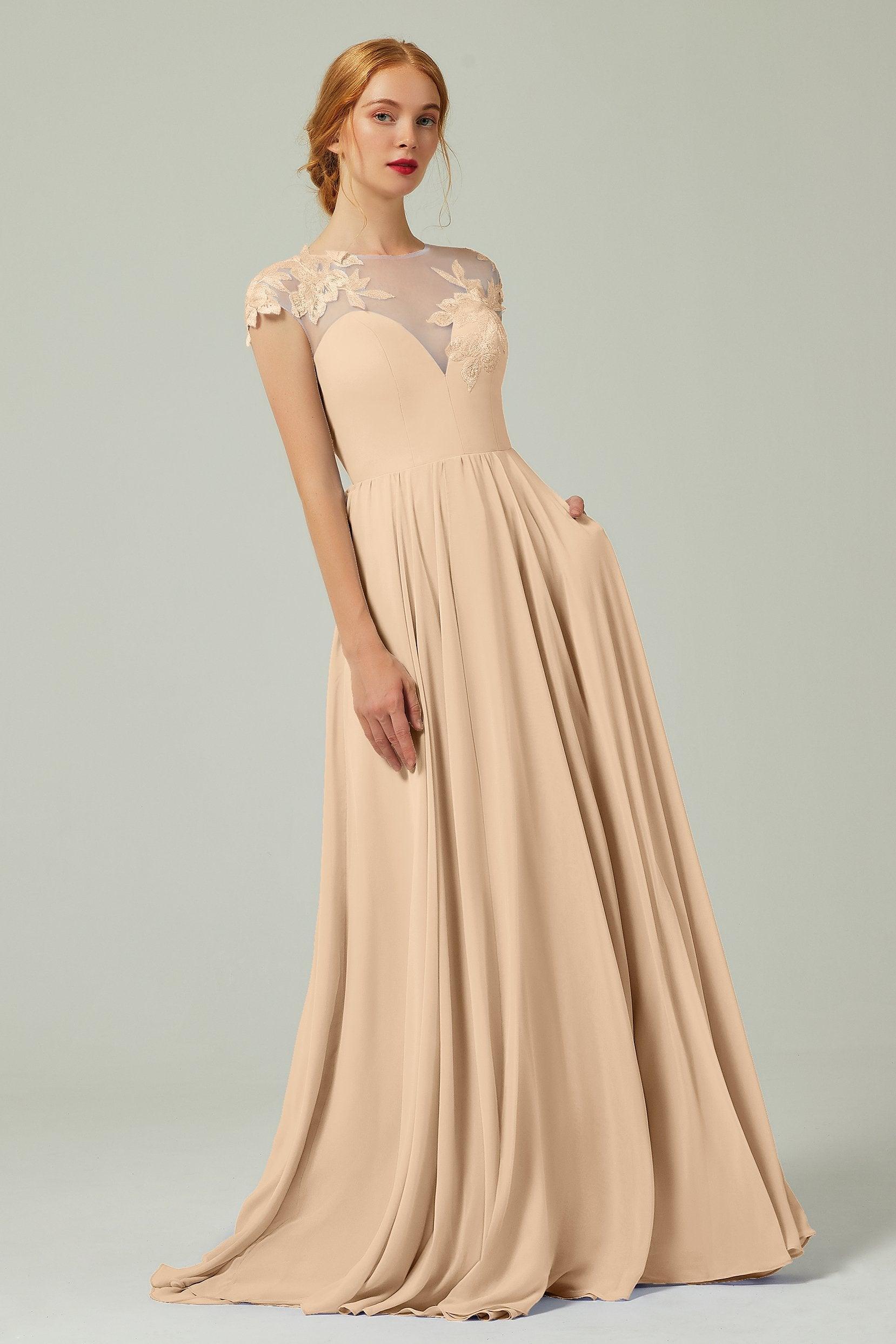 A-Line Sweep-Brush-Train Chiffon Bridesmaid Dress CB0248PS - COCOMELODY