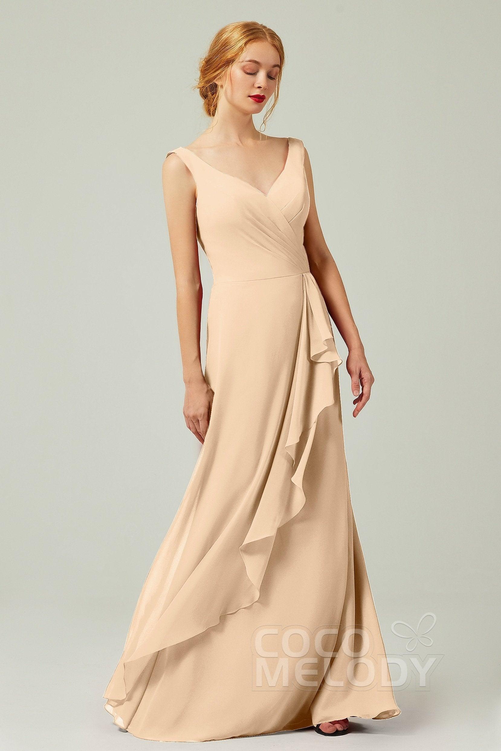 Sheath-Column Floor Length Chiffon Bridesmaid Dress Formal Dresses CB0344PS - COCOMELODY
