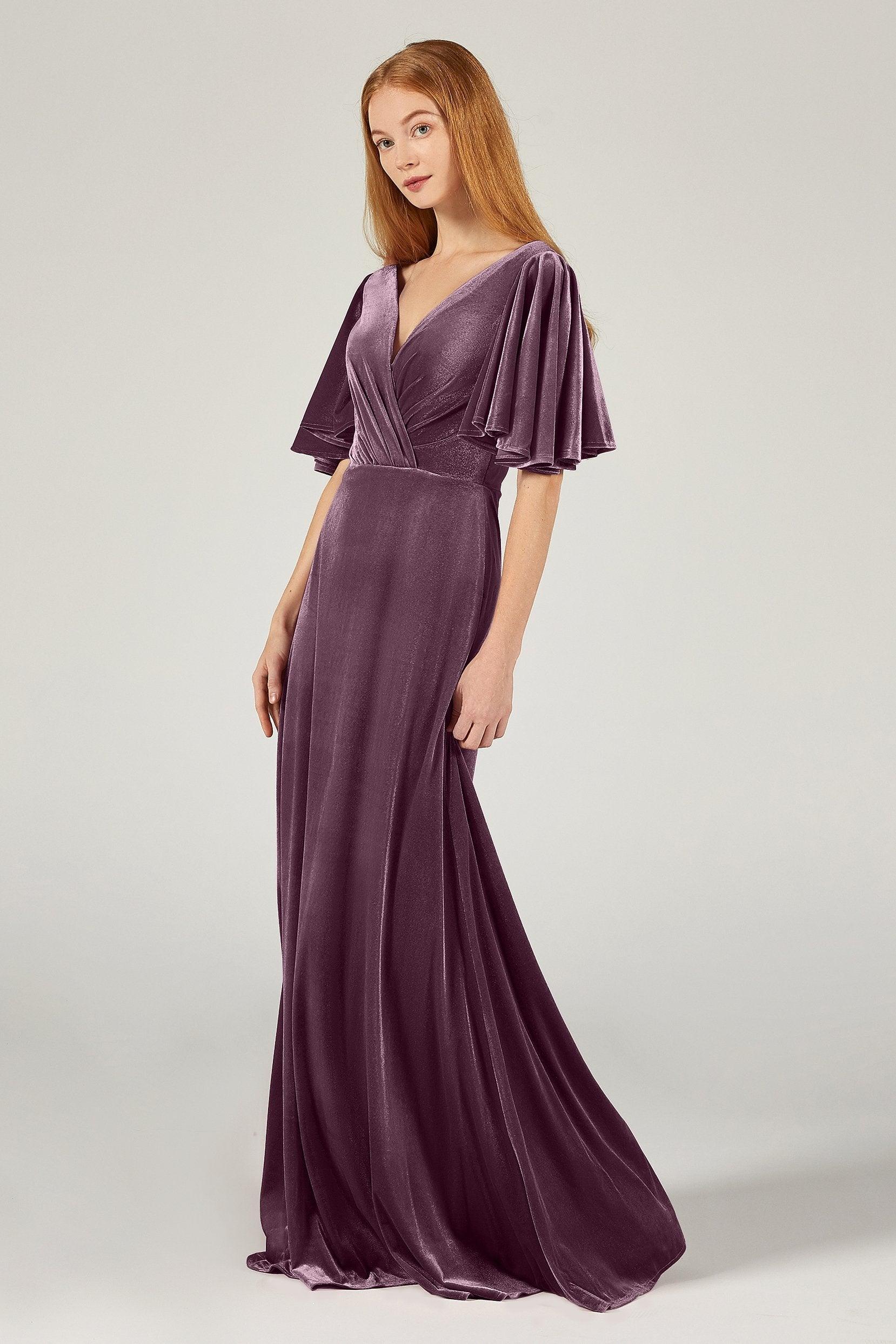 A-Line Floor Length Velvet Bridesmaid Dress Formal Dresses CB0367PS - COCOMELODY