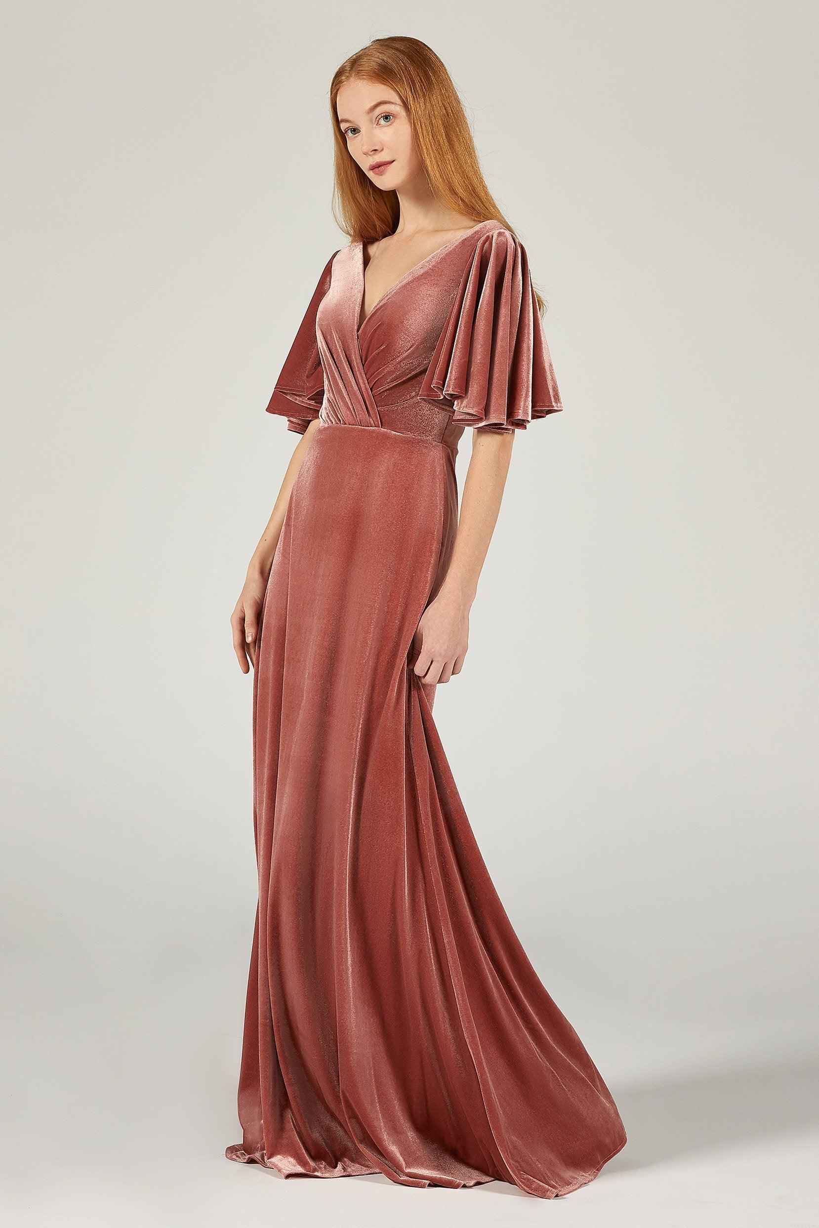 A-Line Floor Length Velvet Bridesmaid Dress Formal Dresses CB0367PS - COCOMELODY
