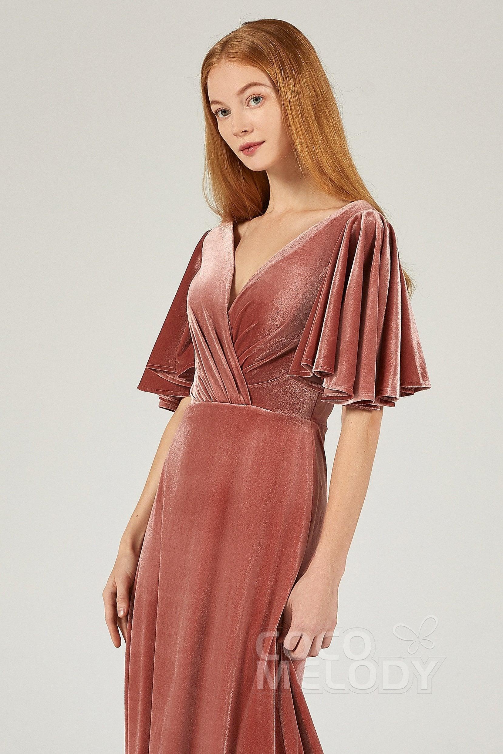 A-Line Floor Length Velvet Bridesmaid Dress Formal Dresses CB0367PS - COCOMELODY