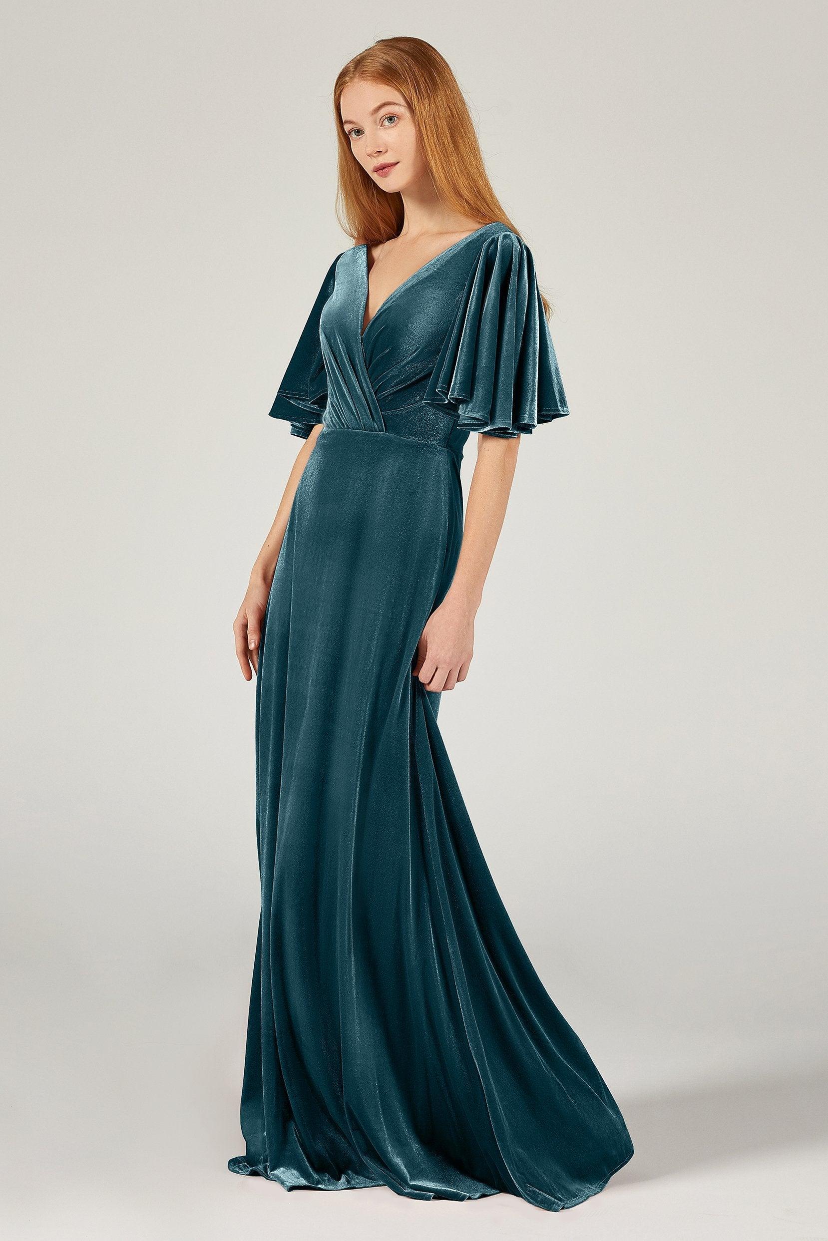 A-Line Floor Length Velvet Bridesmaid Dress Formal Dresses CB0367PS - COCOMELODY