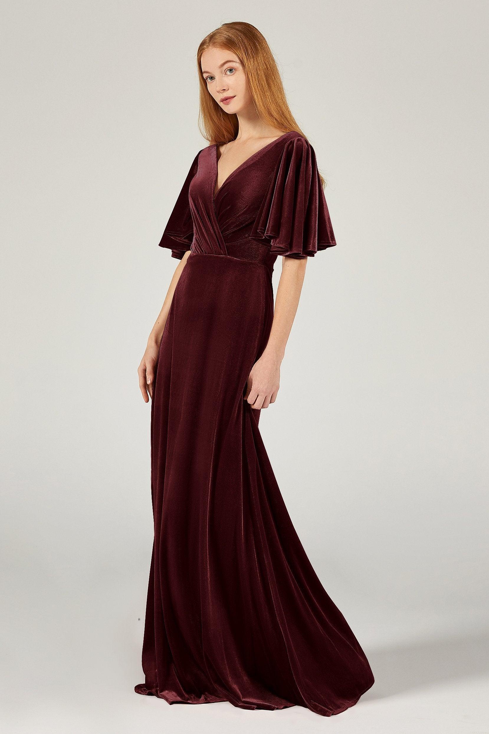 A-Line Floor Length Velvet Bridesmaid Dress Formal Dresses CB0367PS - COCOMELODY