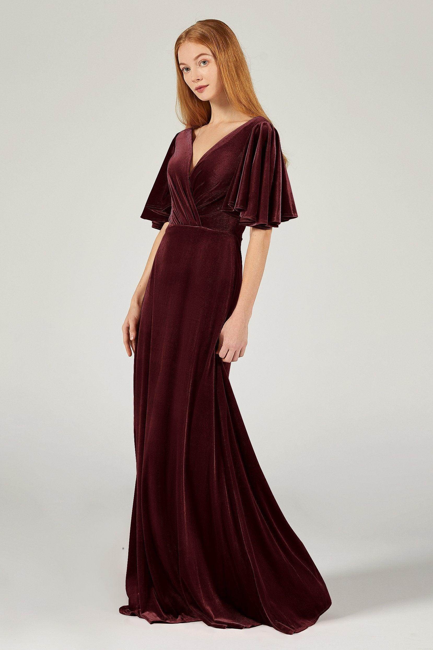 A-Line Floor Length Velvet Bridesmaid Dress Formal Dresses CB0367PS - COCOMELODY