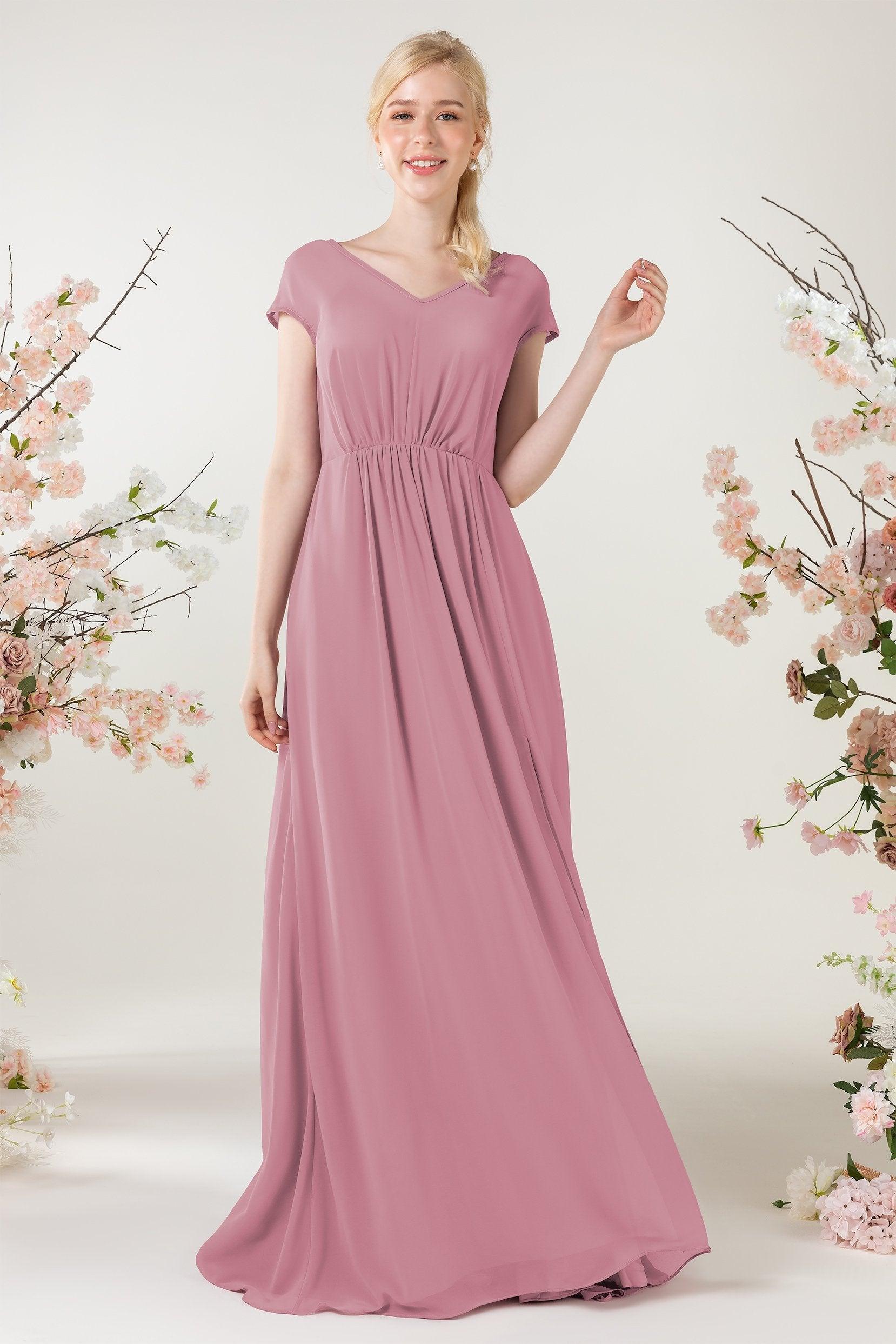 A-Line Sweep-Brush Train Chiffon Bridesmaid Dress CB0474 - COCOMELODY