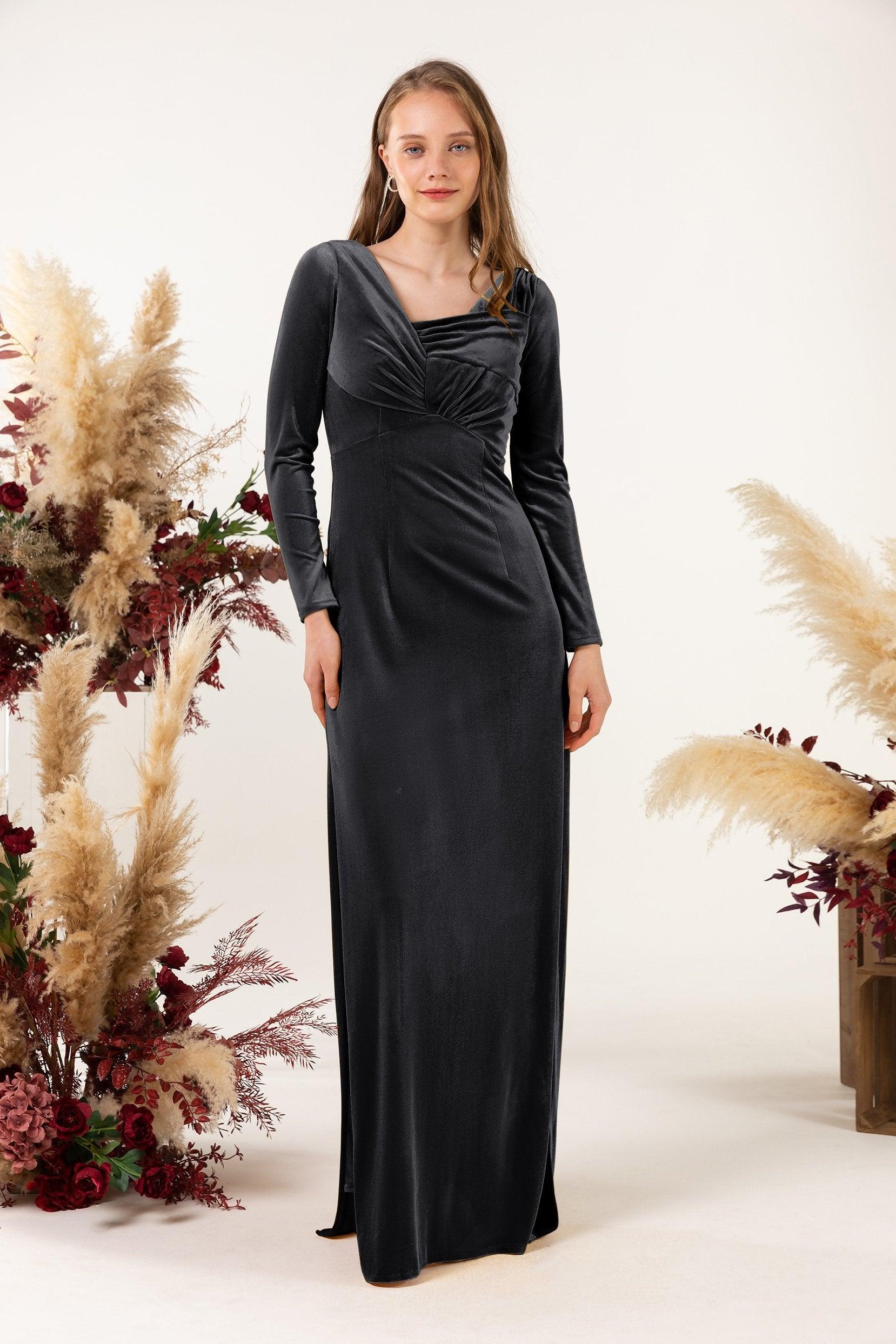Sheath-Column Floor Length Velvet Bridesmaid Dress CB0517 - COCOMELODY