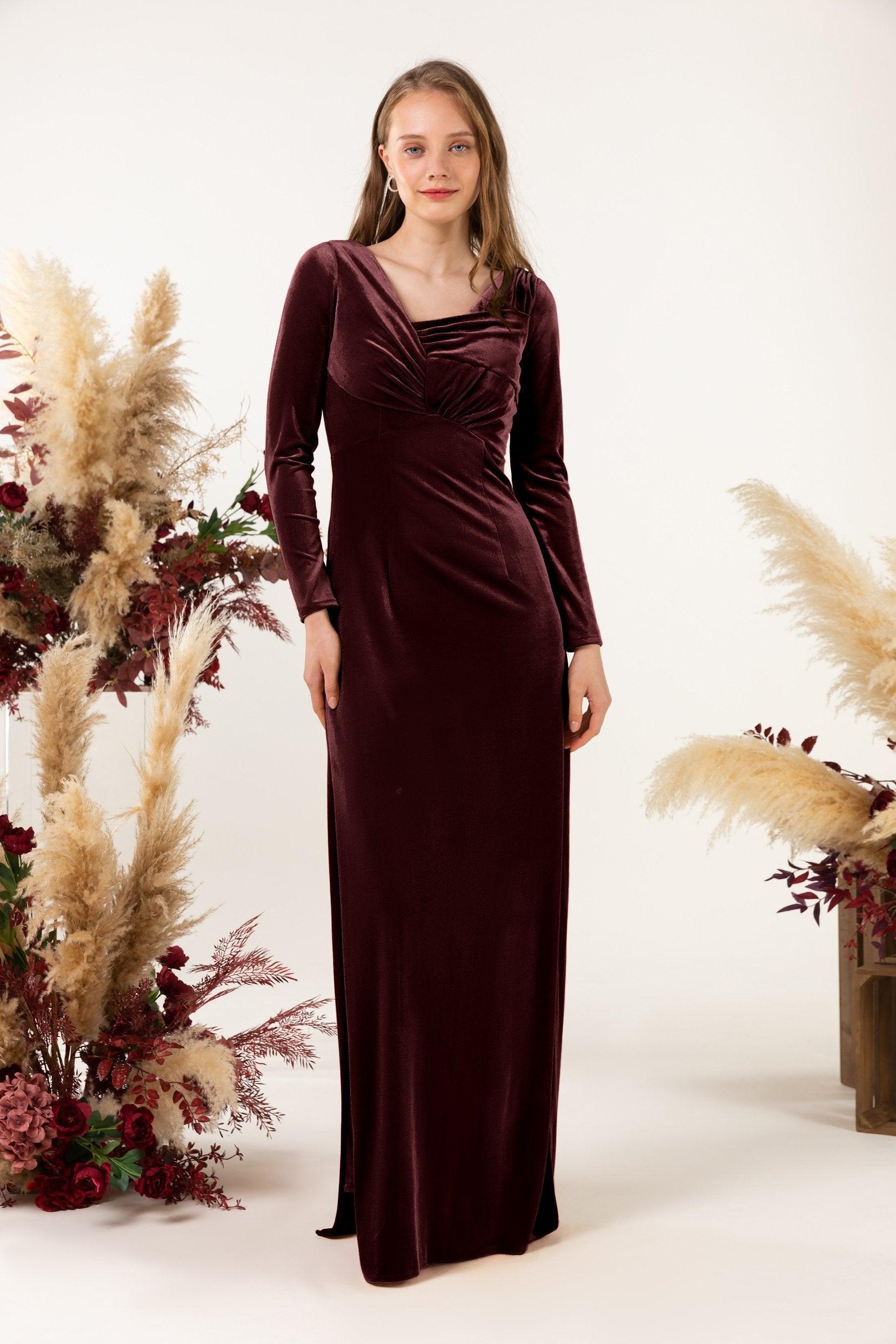 Sheath-Column Floor Length Velvet Bridesmaid Dress CB0517 - COCOMELODY