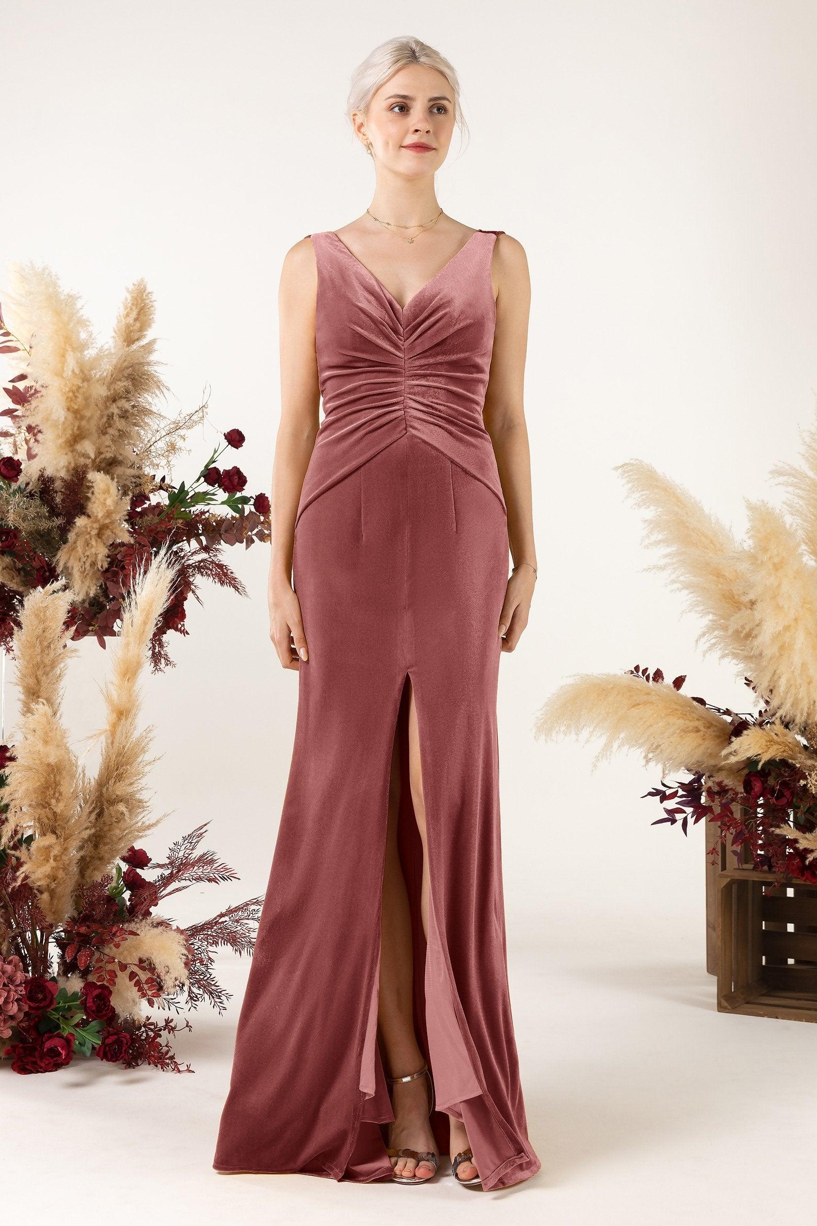 Sheath Sweep-Brush Train Velvet Bridesmaid Dress CB0518 - COCOMELODY
