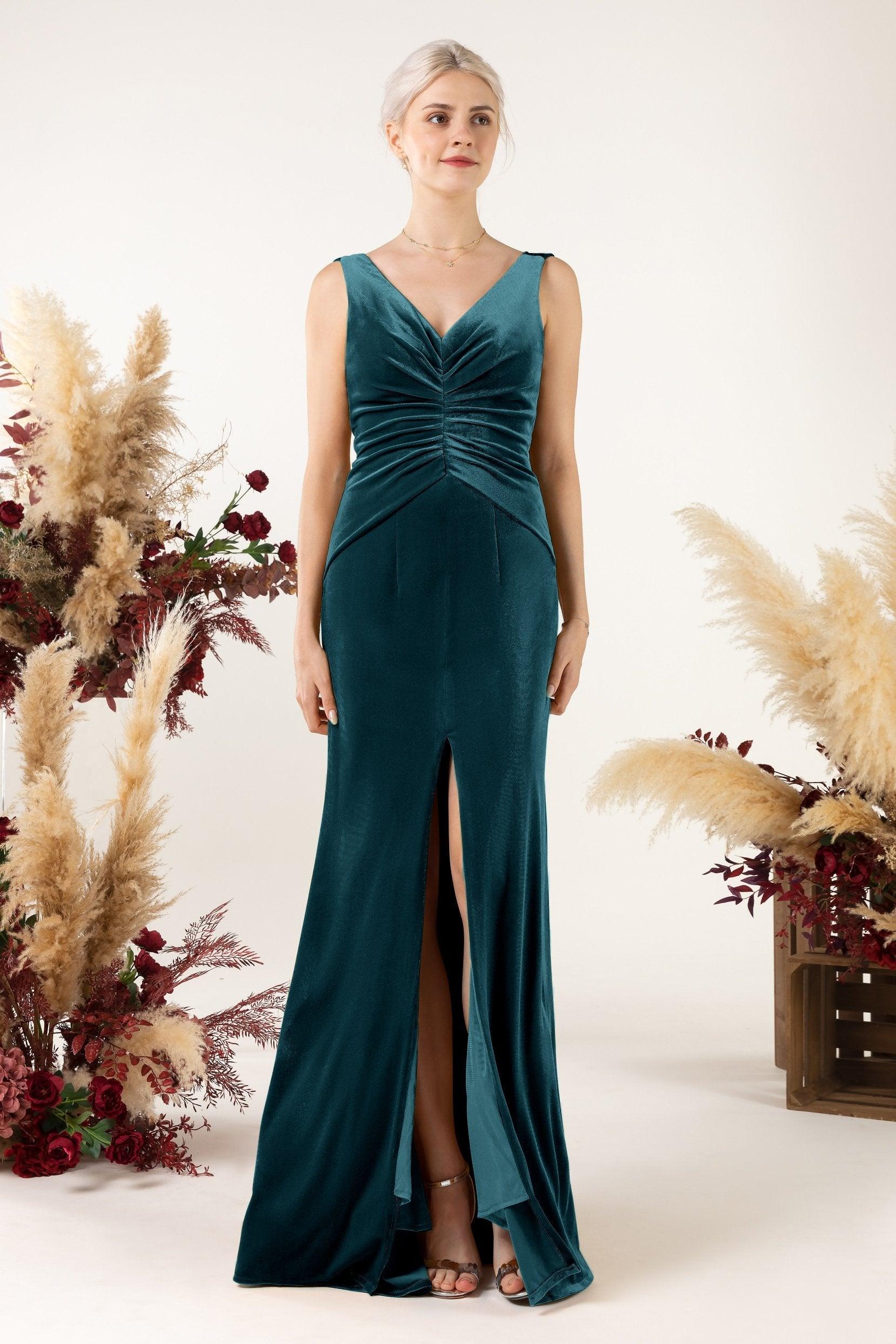 Sheath Sweep-Brush Train Velvet Bridesmaid Dress CB0518 - COCOMELODY