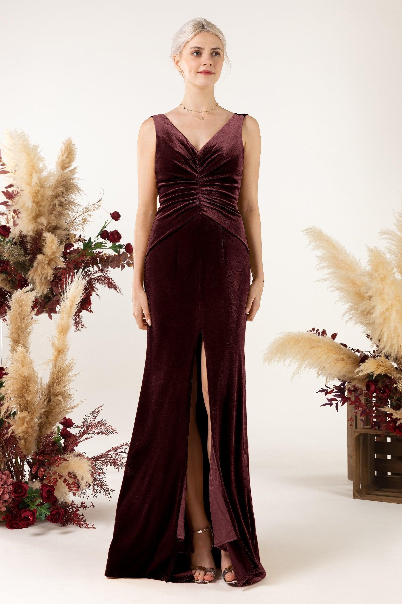 Sheath Sweep-Brush Train Velvet Bridesmaid Dress CB0518 - COCOMELODY