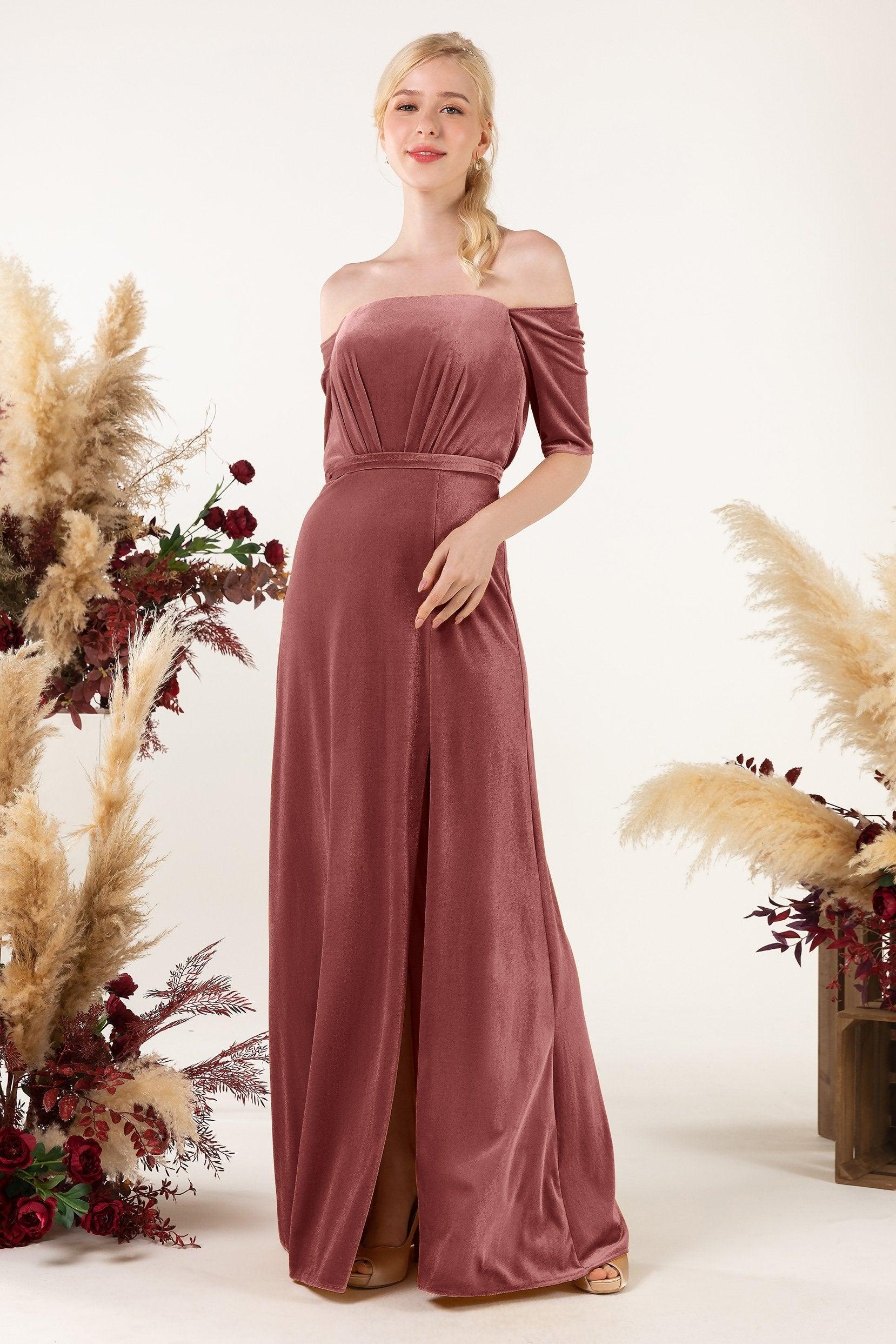Sheath Sweep-Brush Train Velvet Bridesmaid Dress CB0519 - COCOMELODY