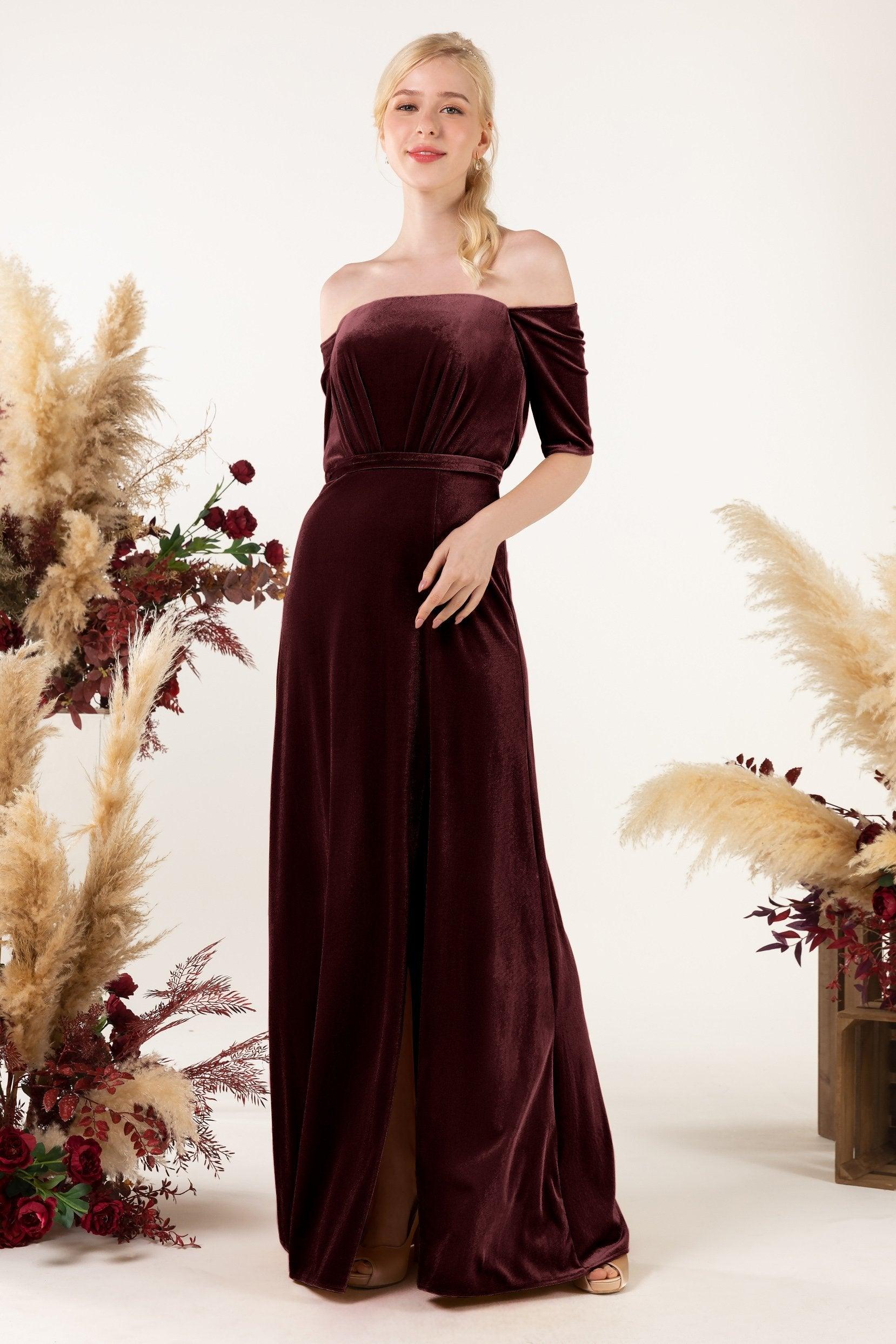 Sheath Sweep-Brush Train Velvet Bridesmaid Dress CB0519 - COCOMELODY